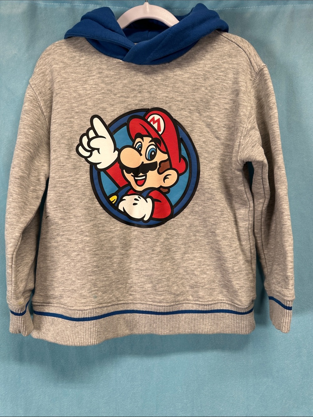 Zara Gray Hoodie with Blue Hood and Super Mario Graphic